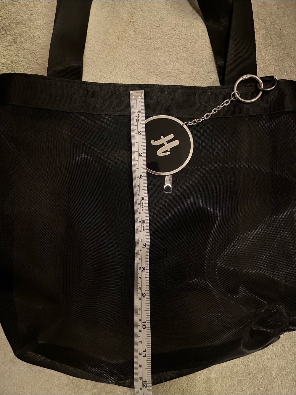 Black Women’s mesh Tote Bag with Monogram Charm